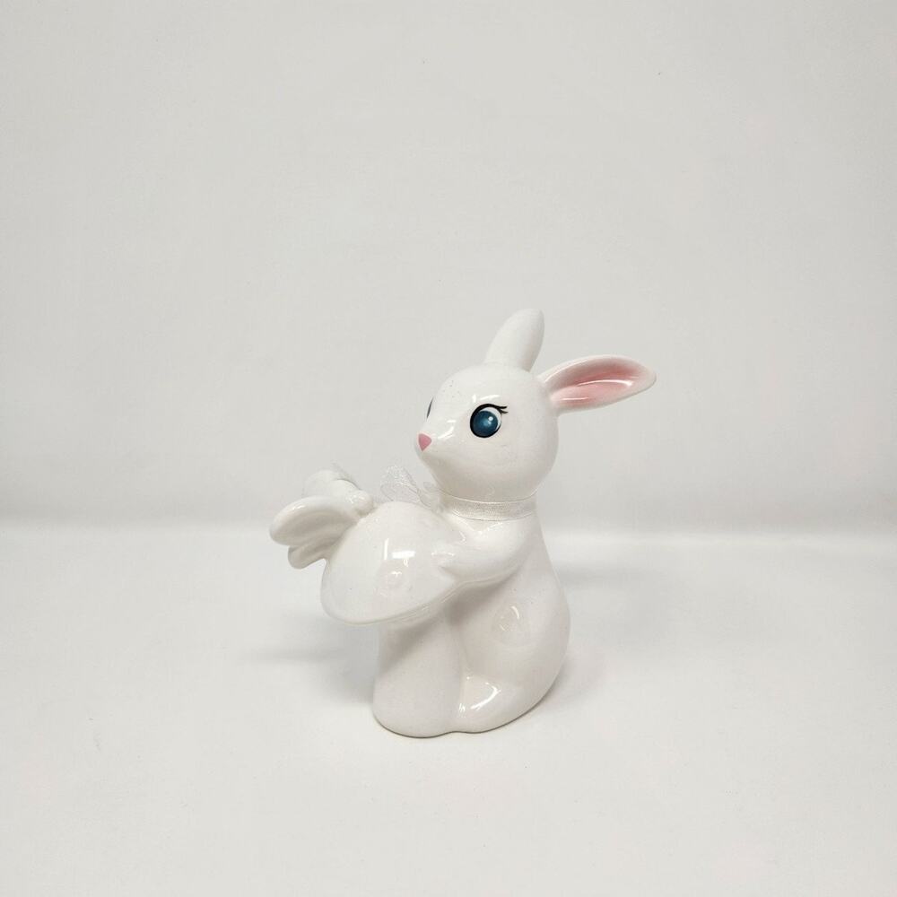 Ceramic White Easter Bunny With Mushroom and Butterfly Bunny Figurine